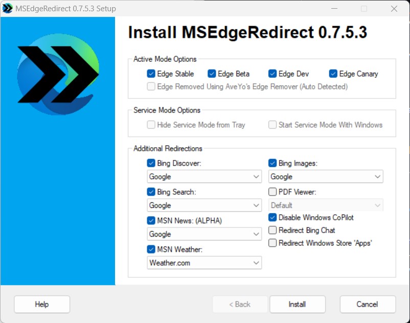 Installation options for the MSEdgeRedirect app.