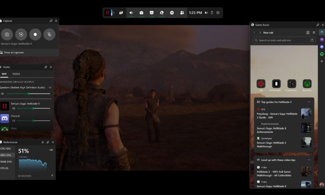 A screenshot of Edge Game Assist with Capture, Audio, and Performance windows open on-screen.