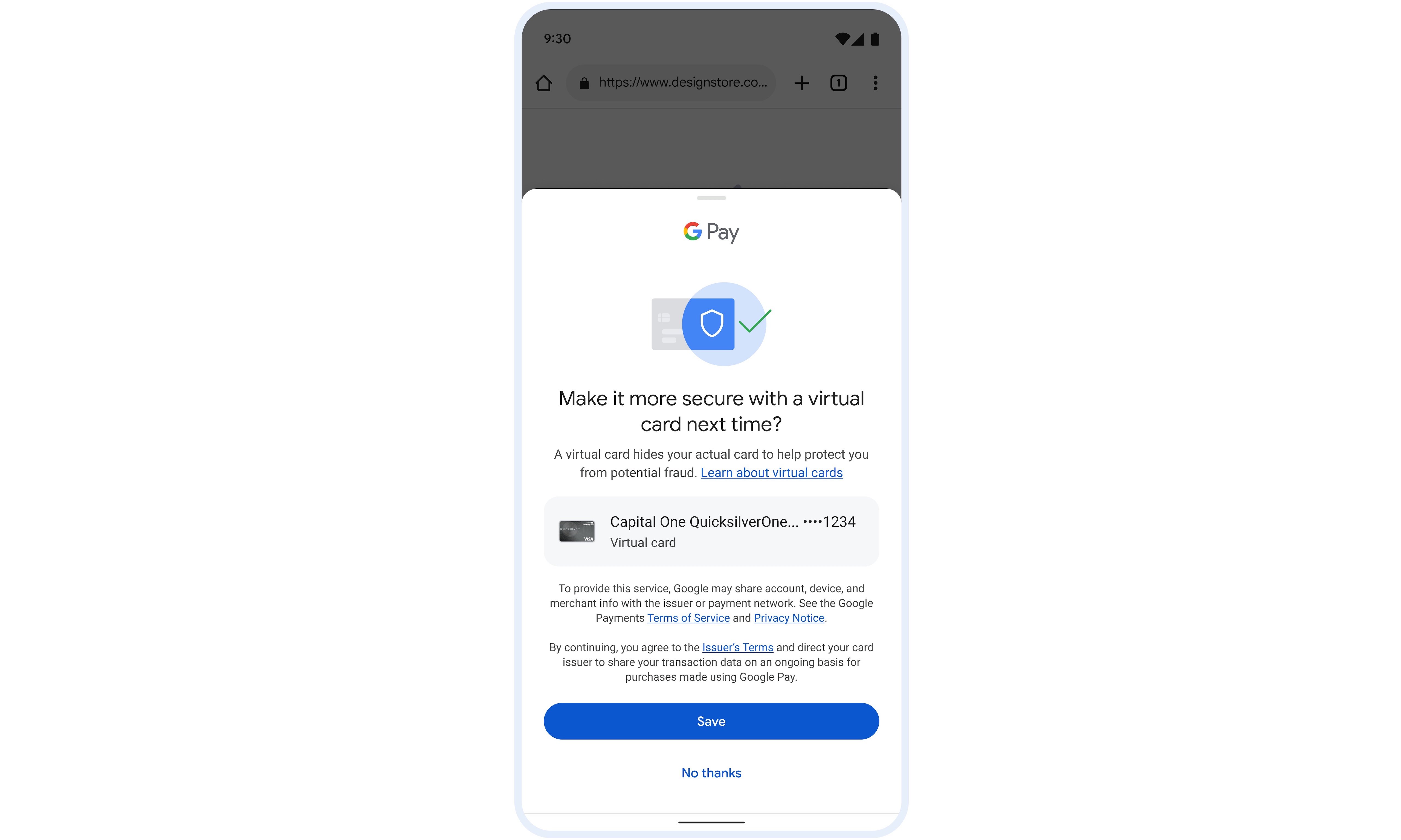 Google Pay usando números de cartão virtual.