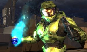 Master Chief holding a gun and a flaming grenade with a city behind him.