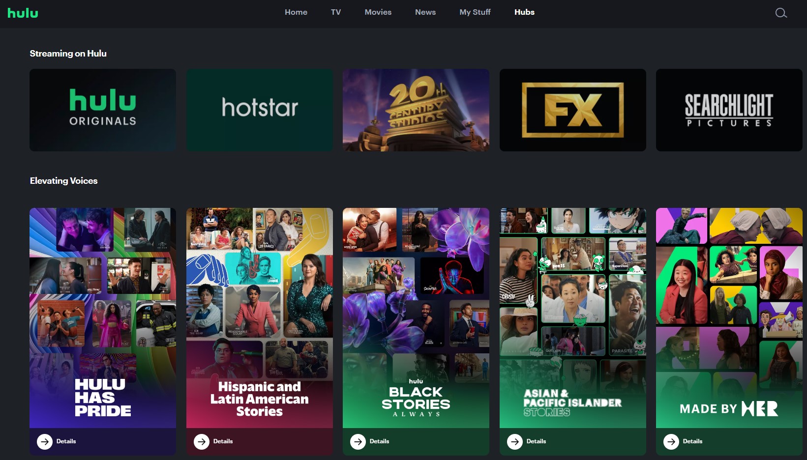 Tela do hub Hulu no aplicativo Hulu no iOS.