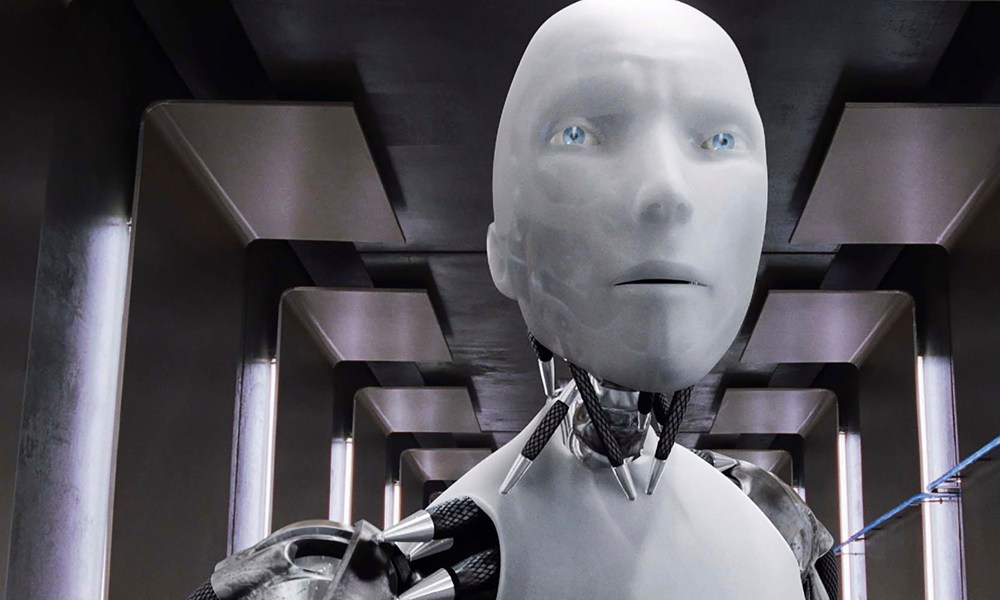 A robot looking up in the movie I, Robot.