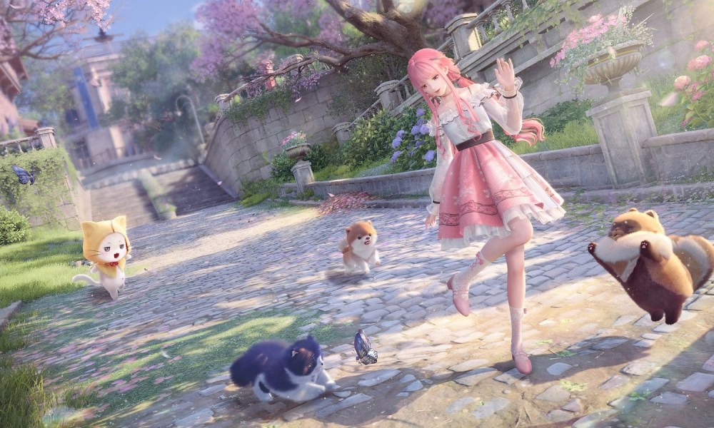 Infinity Nikki skipping alongside her pets on the street.