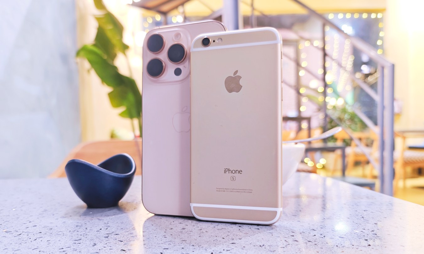 An iPhone 6S alongside an iPhone 16 Pro.