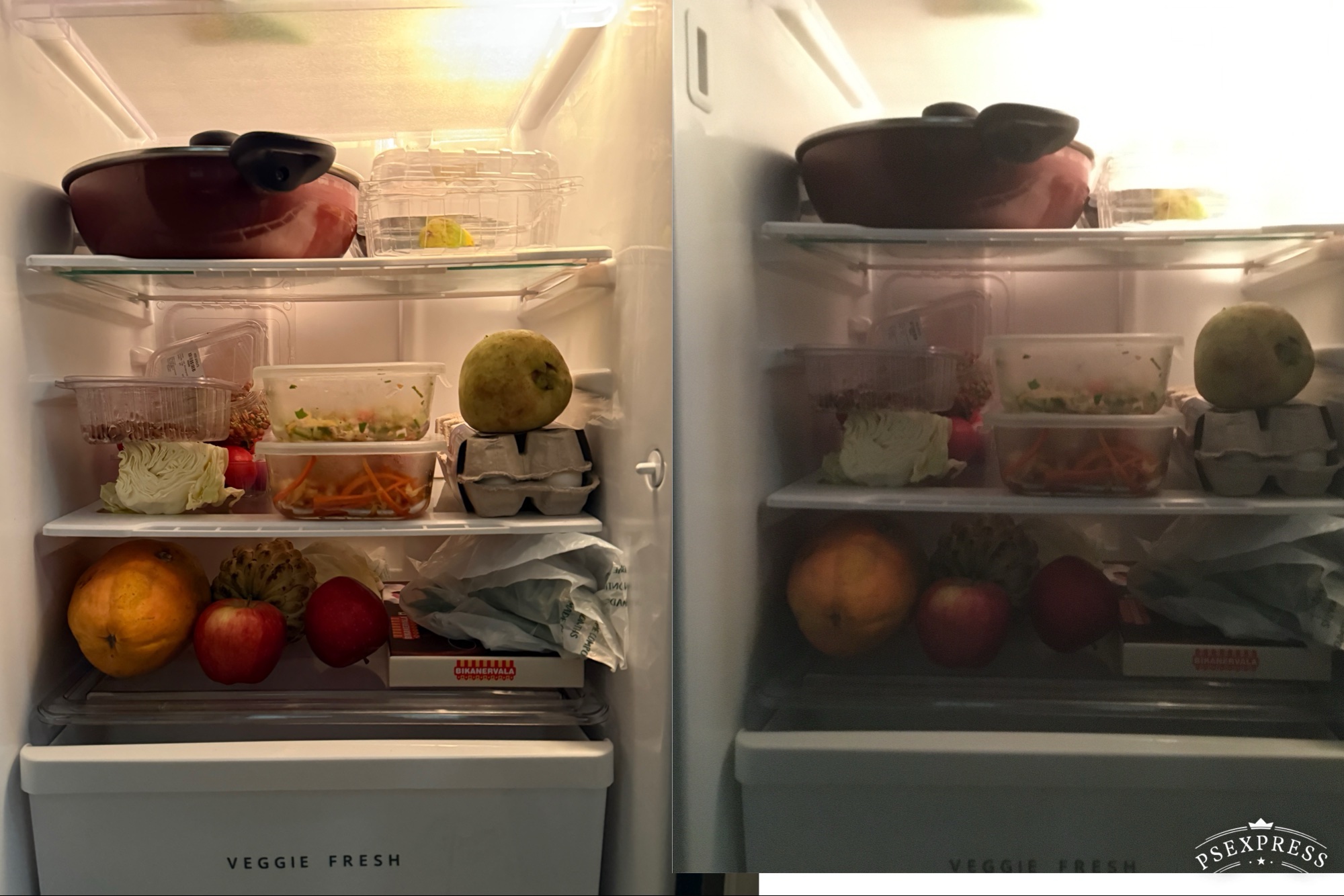 Comparison of pictures taken by iPhone.16 Pro and iPhone 6S depicting the insides of a fridge.