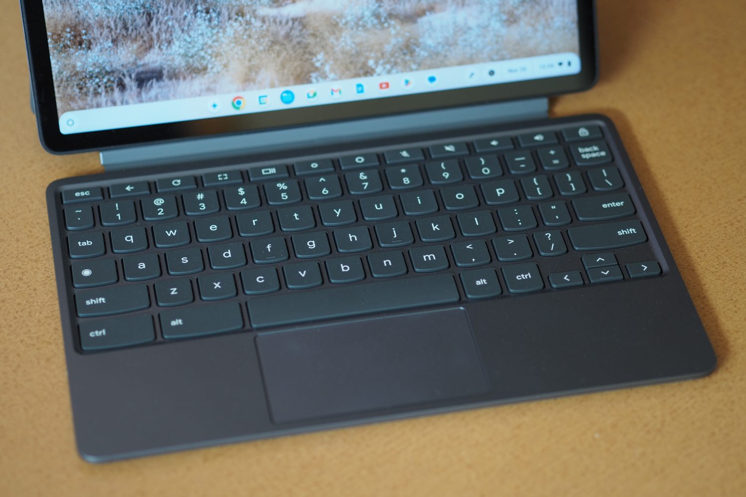 Lenovo Chromebook Duet 11 top down view showing keyboard.