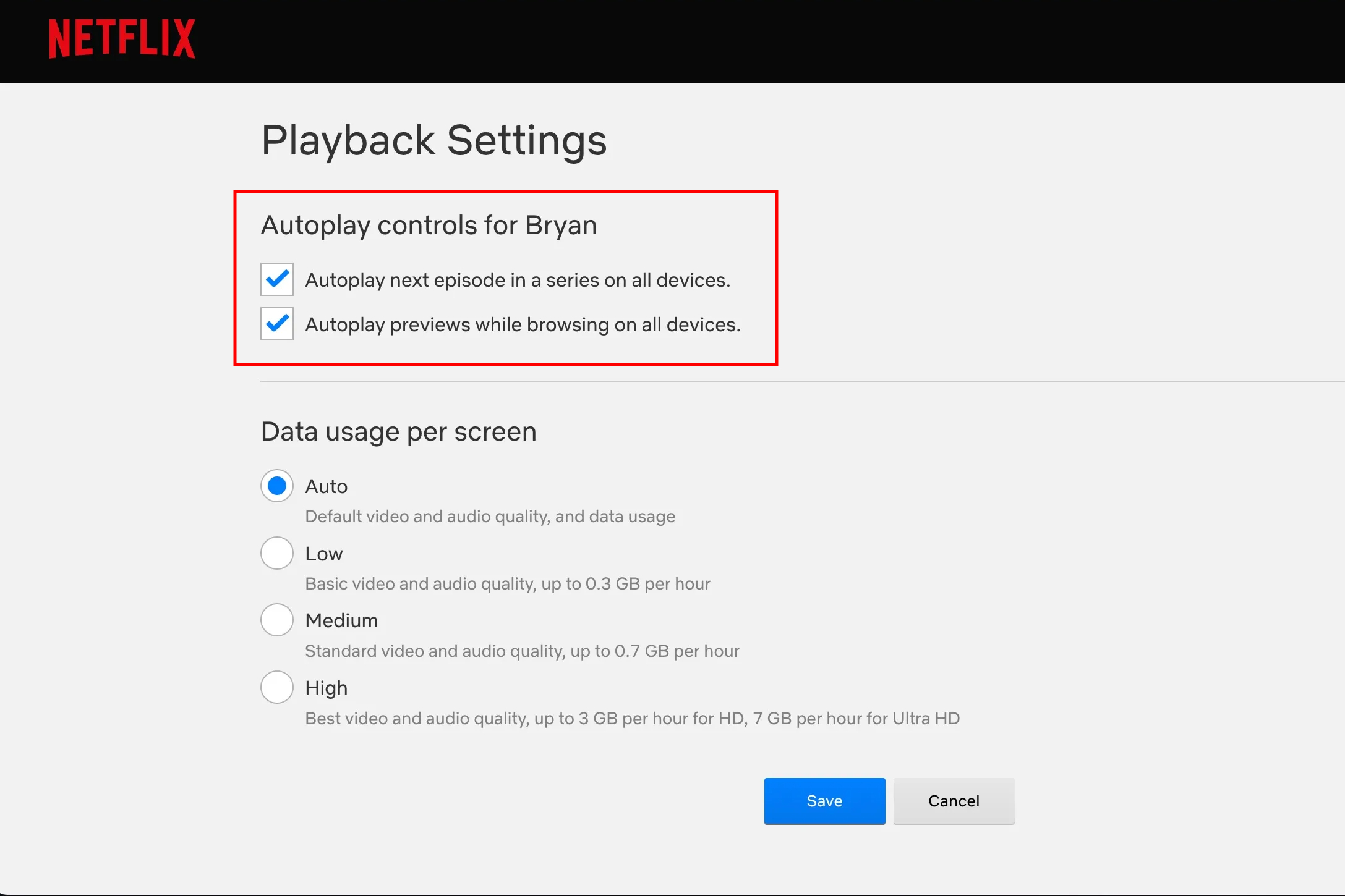 Netflix playback settings.