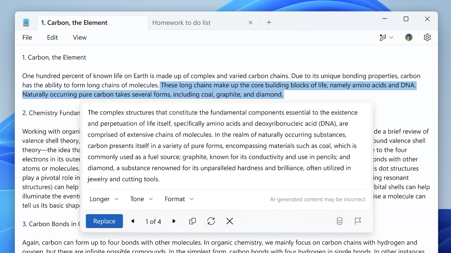 The Rewrite AI text editing feature in Microsoft Notepad.