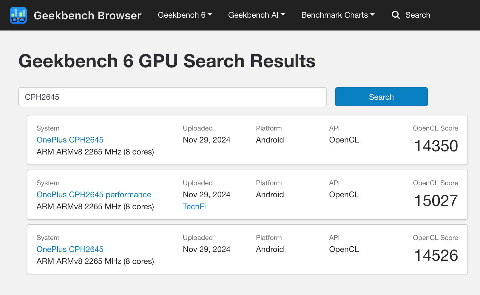 Teléfono OnePlus detectado en las pruebas gráficas de Geekbench.