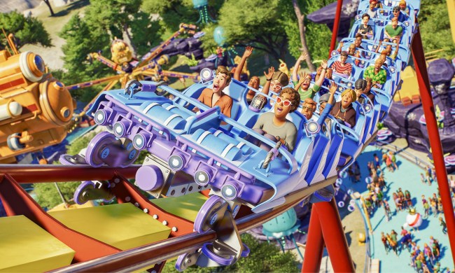 Close up of guests on a roller coaster in Planet Coaster 2.