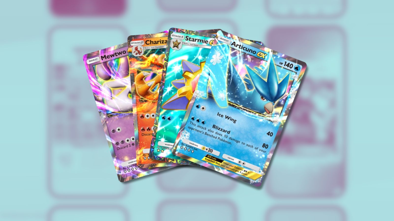 Old Mewtwo, Charizard, Starmie and Articuno cards in Pokémon TCG Pocket.