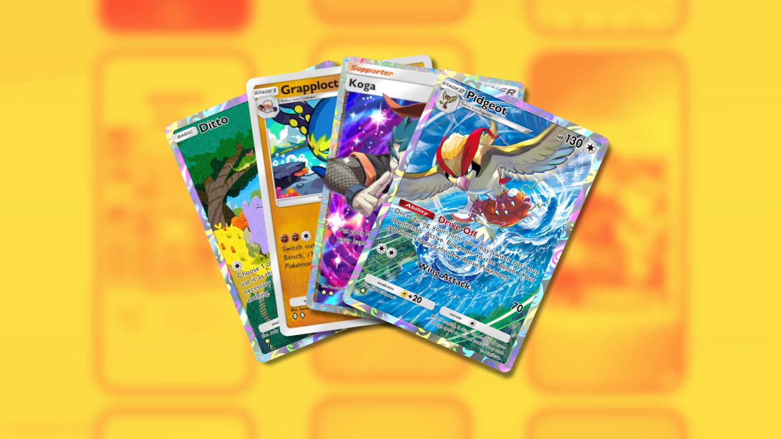 Ditto, Grapploct, Koga and Pidgeot cards in Pokémon TCG Pocket.