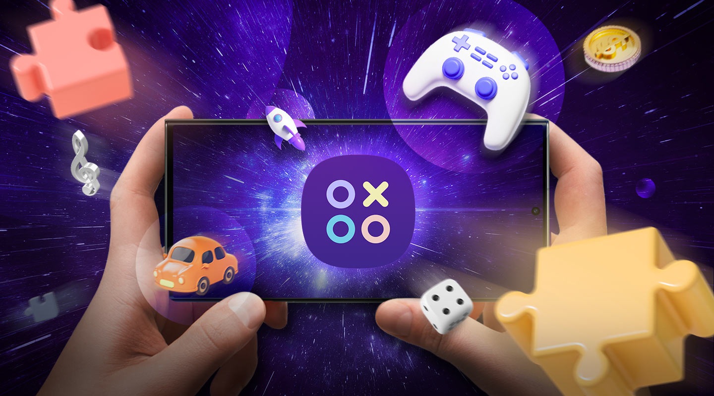 A computer generated image of a Samsung phone with a gaming hub logo on it. It's surrounded by floating game iconography, like a controller, a die, and a car.