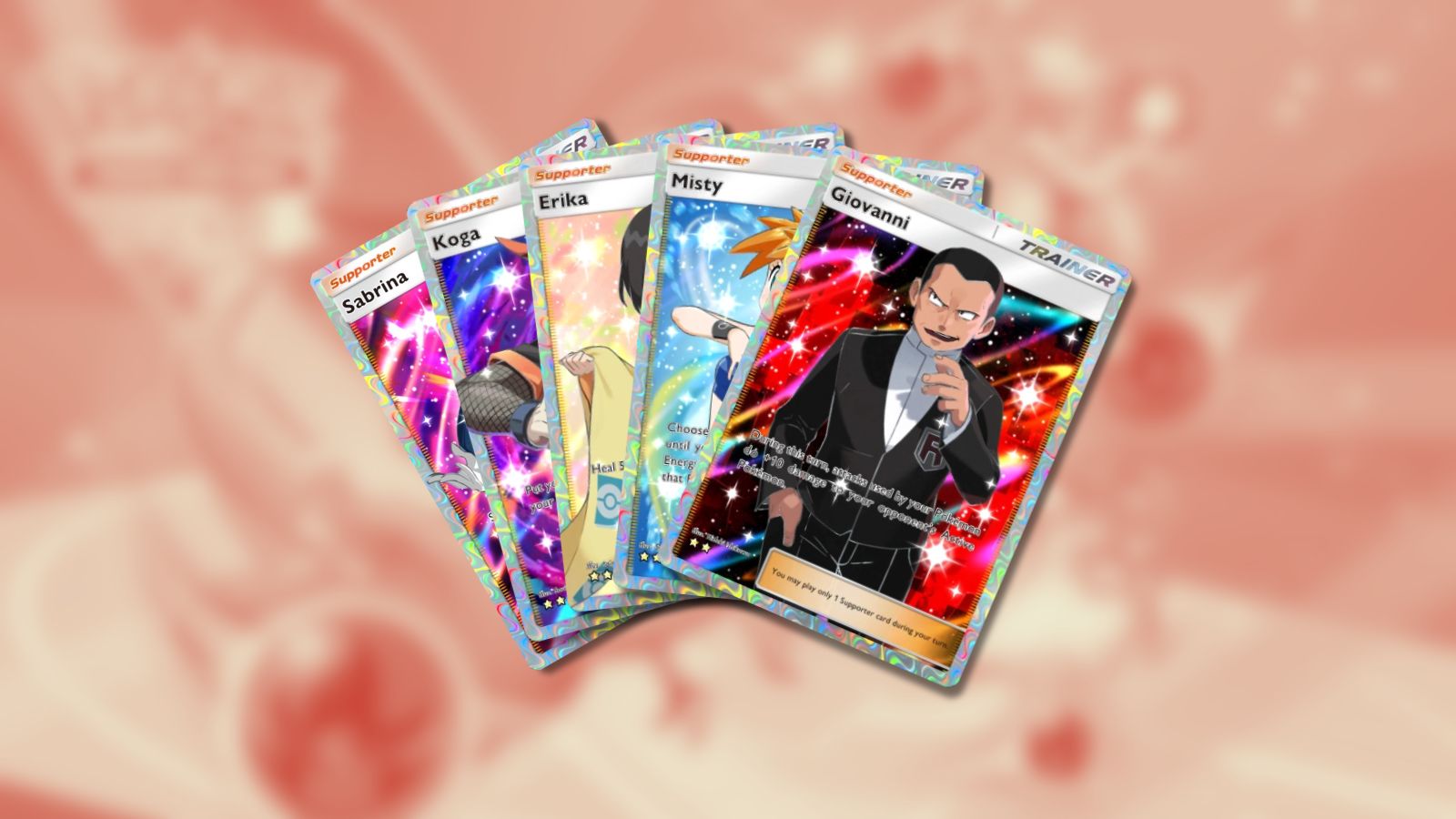 Cartes d'illustration Sabrina, Koga, Erika, Misty et Giovanni dans Pokémon TCG Pocket.