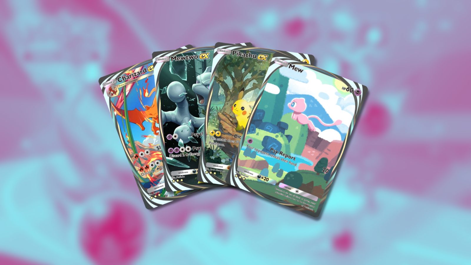 Cartes immersives Charizard ex, Mewtwo ex, Pikachu ex et Mew dans Pokémon TCG Pocket.