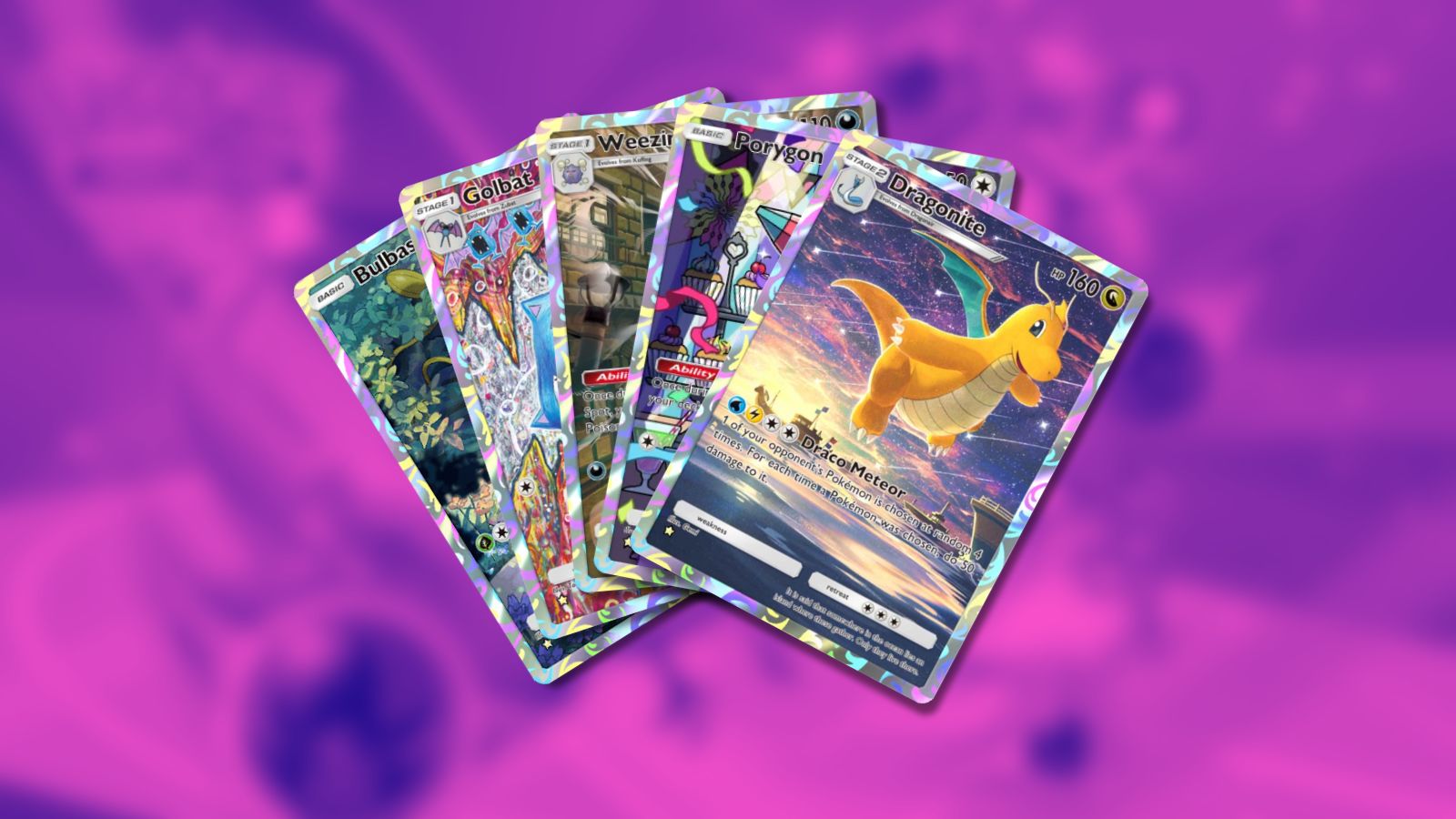 Cartes d'illustration Bulbasaur, Golbat, Weezing, Porygon et Dragonite dans Pokémon TCG Pocket.