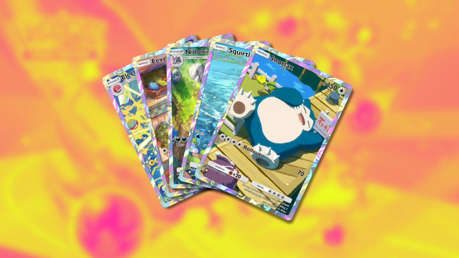 Cartas de ilustración Electrode, Eevee, Nidoking, Squirtle y Snorlax en Pokémon JCC Bolsillo.