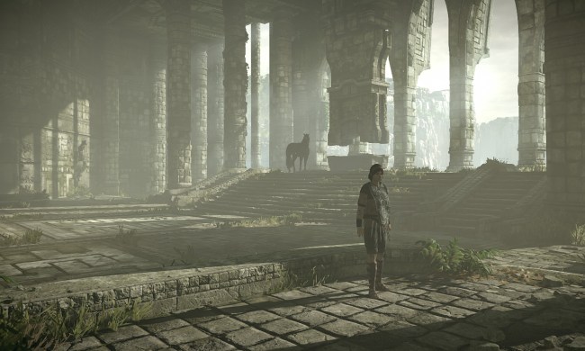 The hero of Shadow of the Colossus stands in a temple.