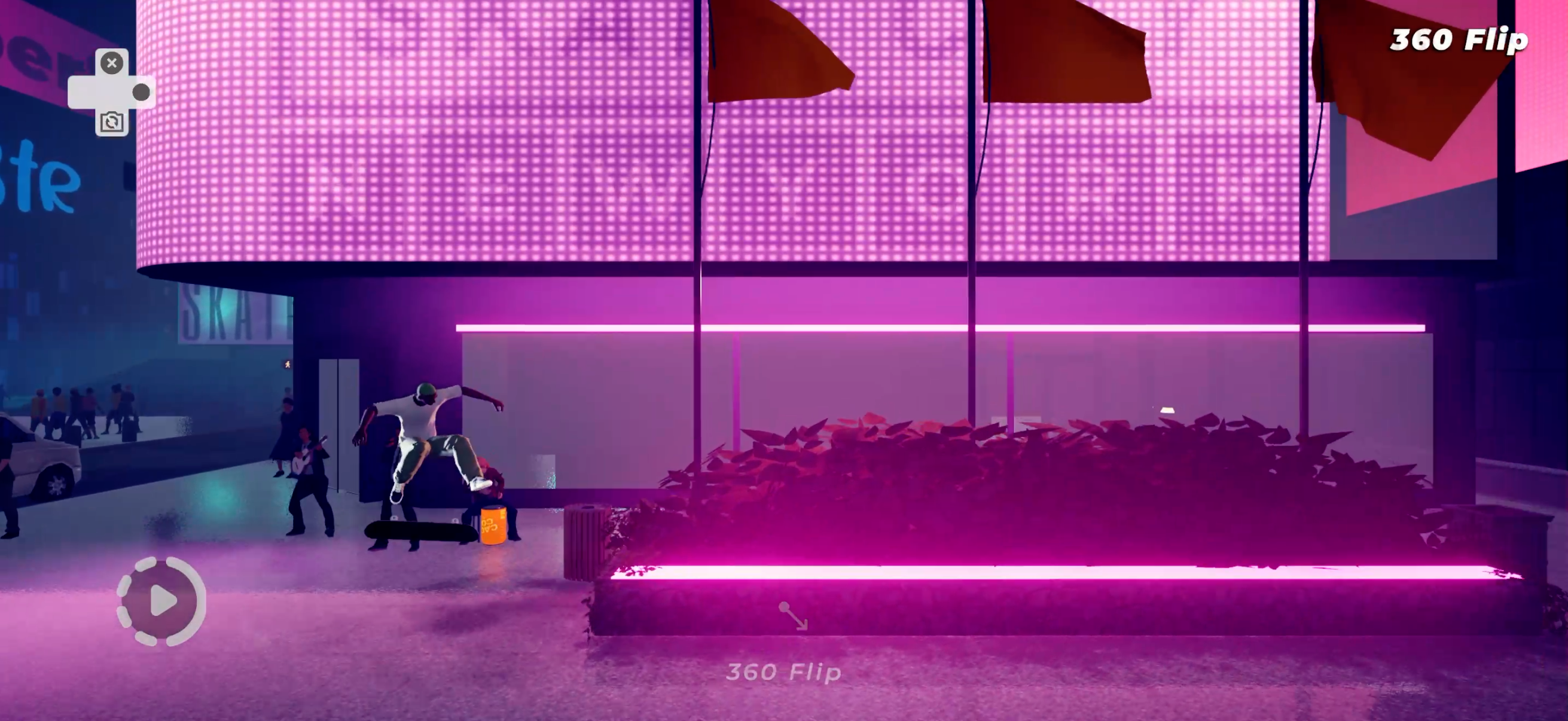 A skater skates near a neon purple sign in Skate City: New York.