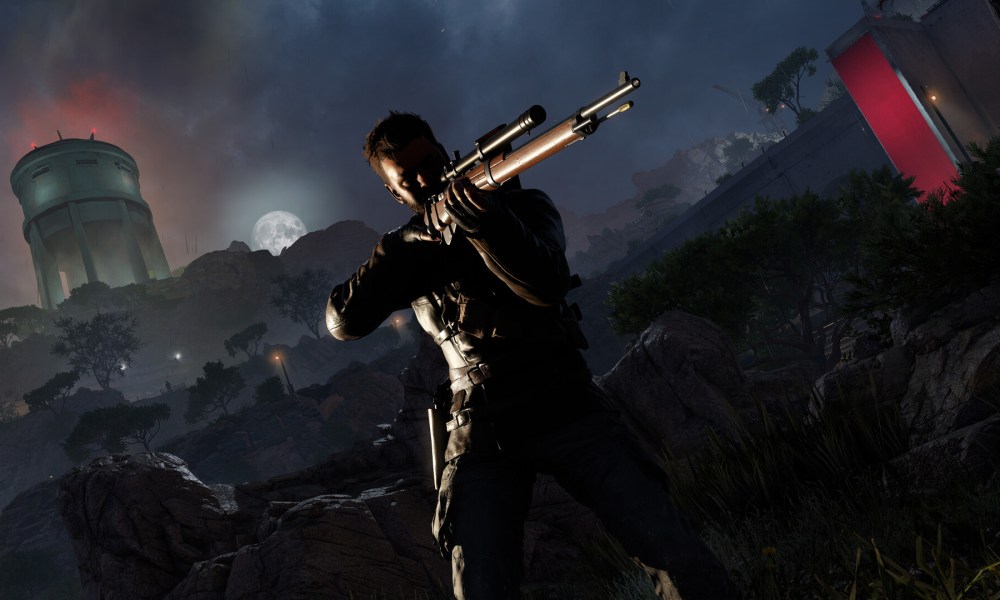 A sniper holds a gun at night in Sniper Elite: Resistance.