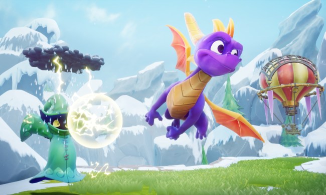 Spyro flies off away from an attack with white mountains in the background.