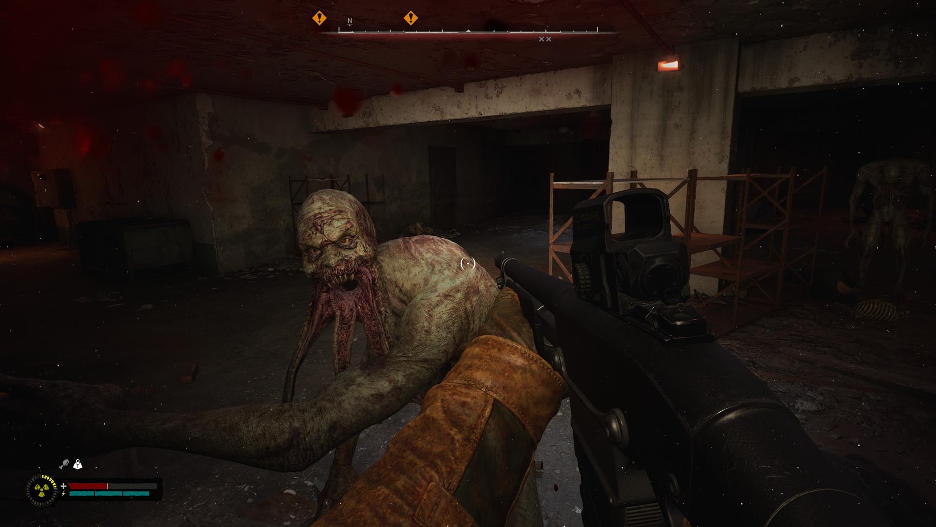 The player fights off a Bloodsucker mutant in Stalker 2.