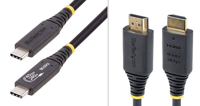 Two kinds of StarTech.com cables with labels printed on the plugs.