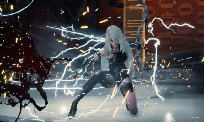 A woman with long white hair and a black outfit that has only one leg covered. She's kneeling after attacking an enemy.