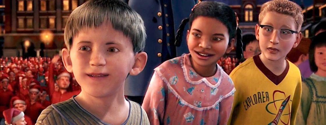 Três crianças parecem surpresas no Polar Express.