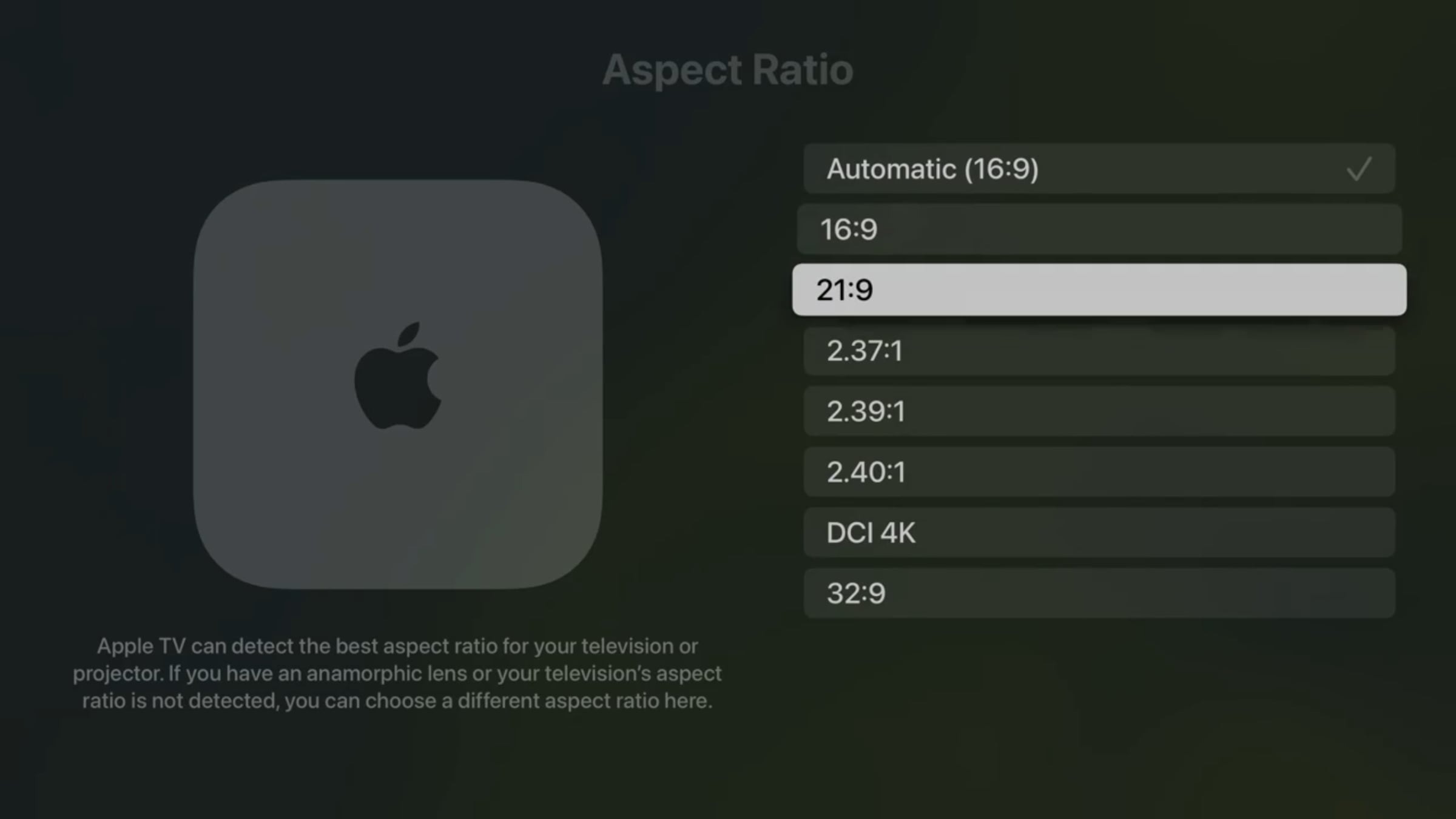 tvOS 18.2 Aspect Ratio settings.