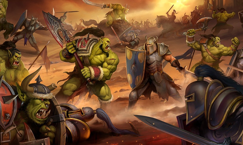 An orc and human battle in Warcraft Remastered art.