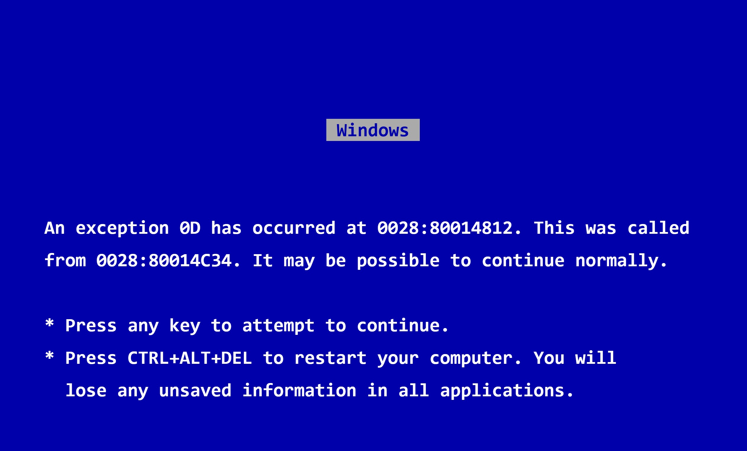 A blue screen error in Windows 95.