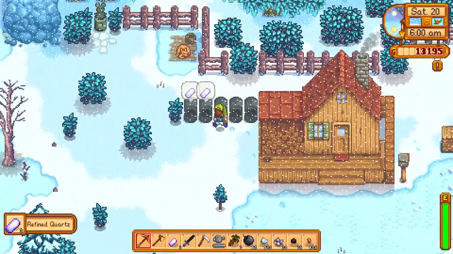 Un granjero que recolecta cuarzo refinado en Stardew Valley.