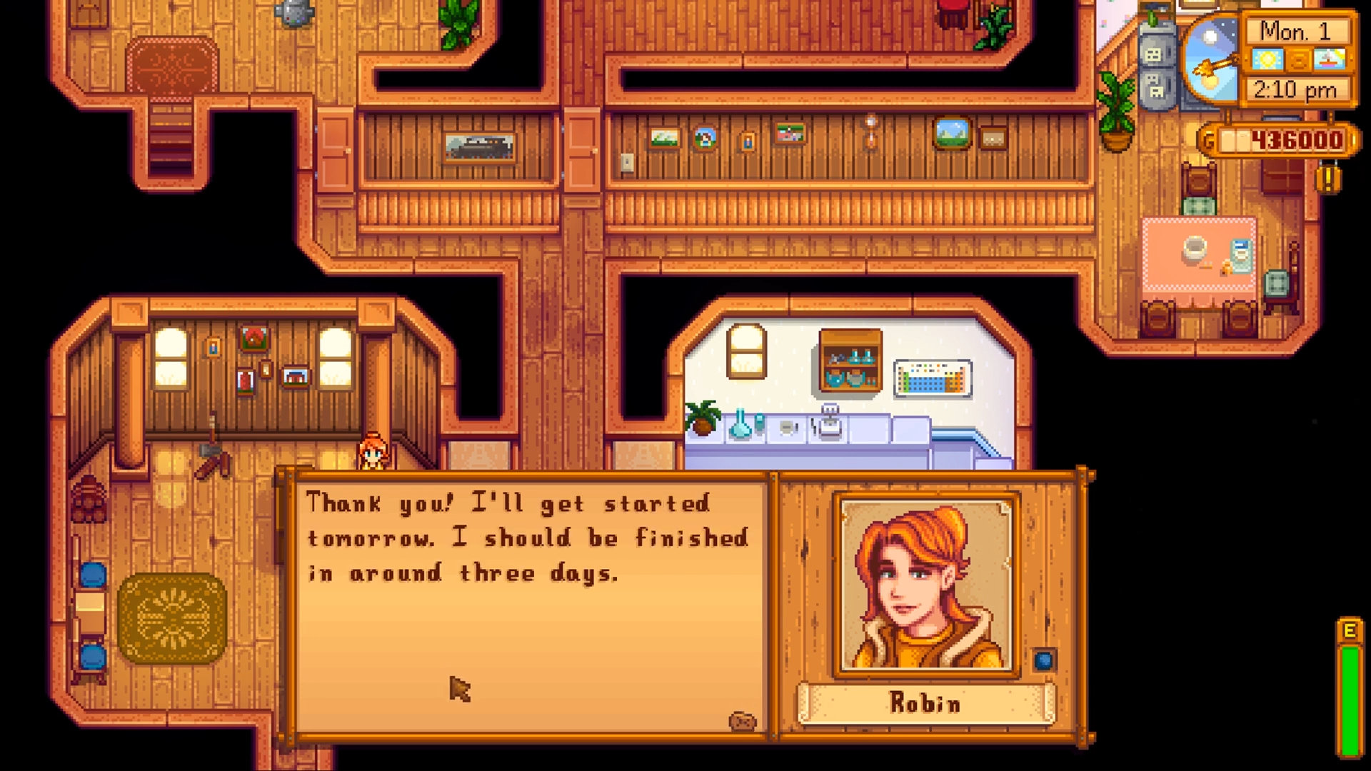 Robin en Stardew Valley preparándose para mejorar una casa.