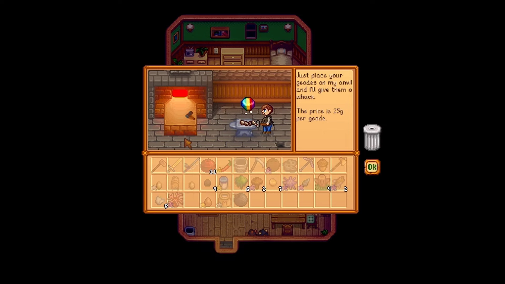 Um ferreiro encontrando um fragmento de arco-íris em Stardew Valley.