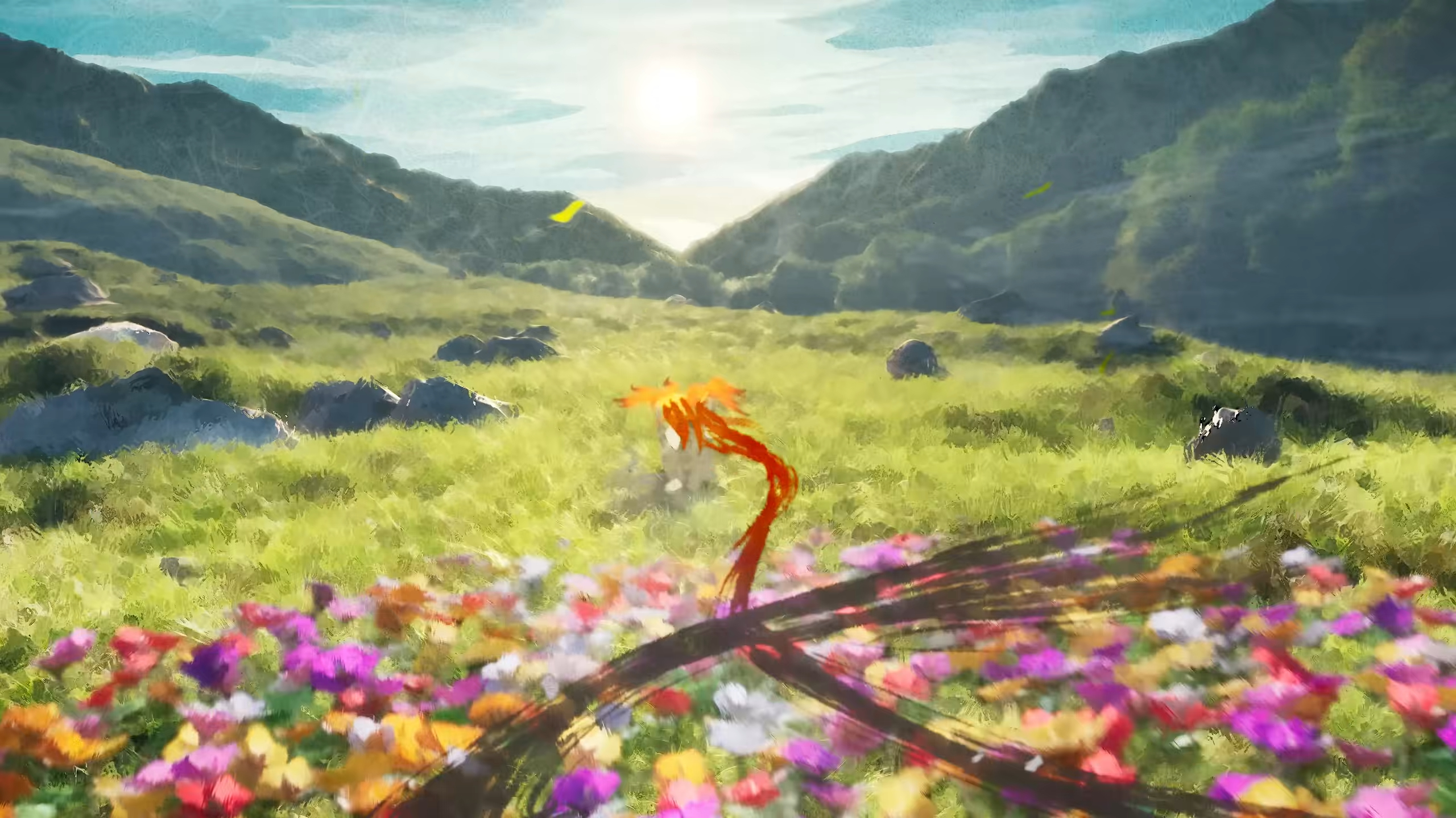 The Okami 2 wolf in a flowery field.