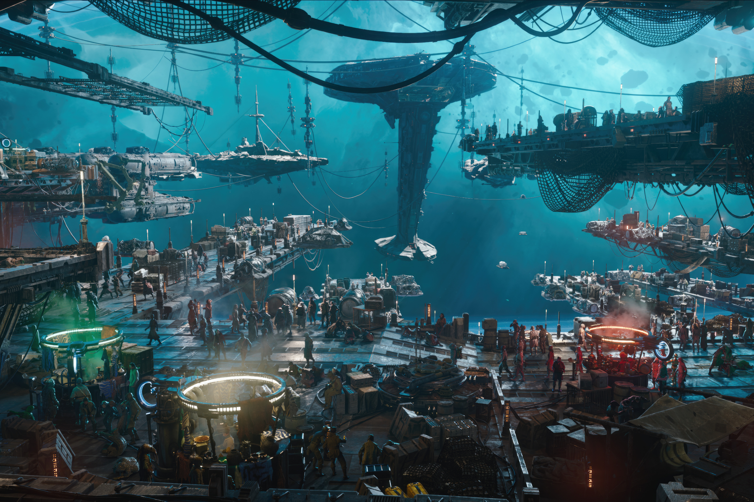 A pirate ship floats near a starport in Star Wars: Skeleton Crew.