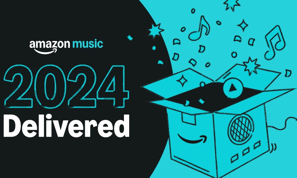 An drawn box opening with confetti next to the words Amazon Music 2024 Delivered.