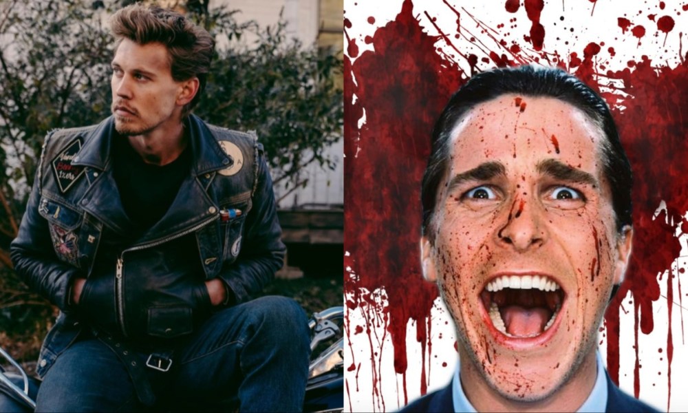 Austin Butler sits on his motorcycle on the left as a bloody Christian Bale opens his mouth on the right.