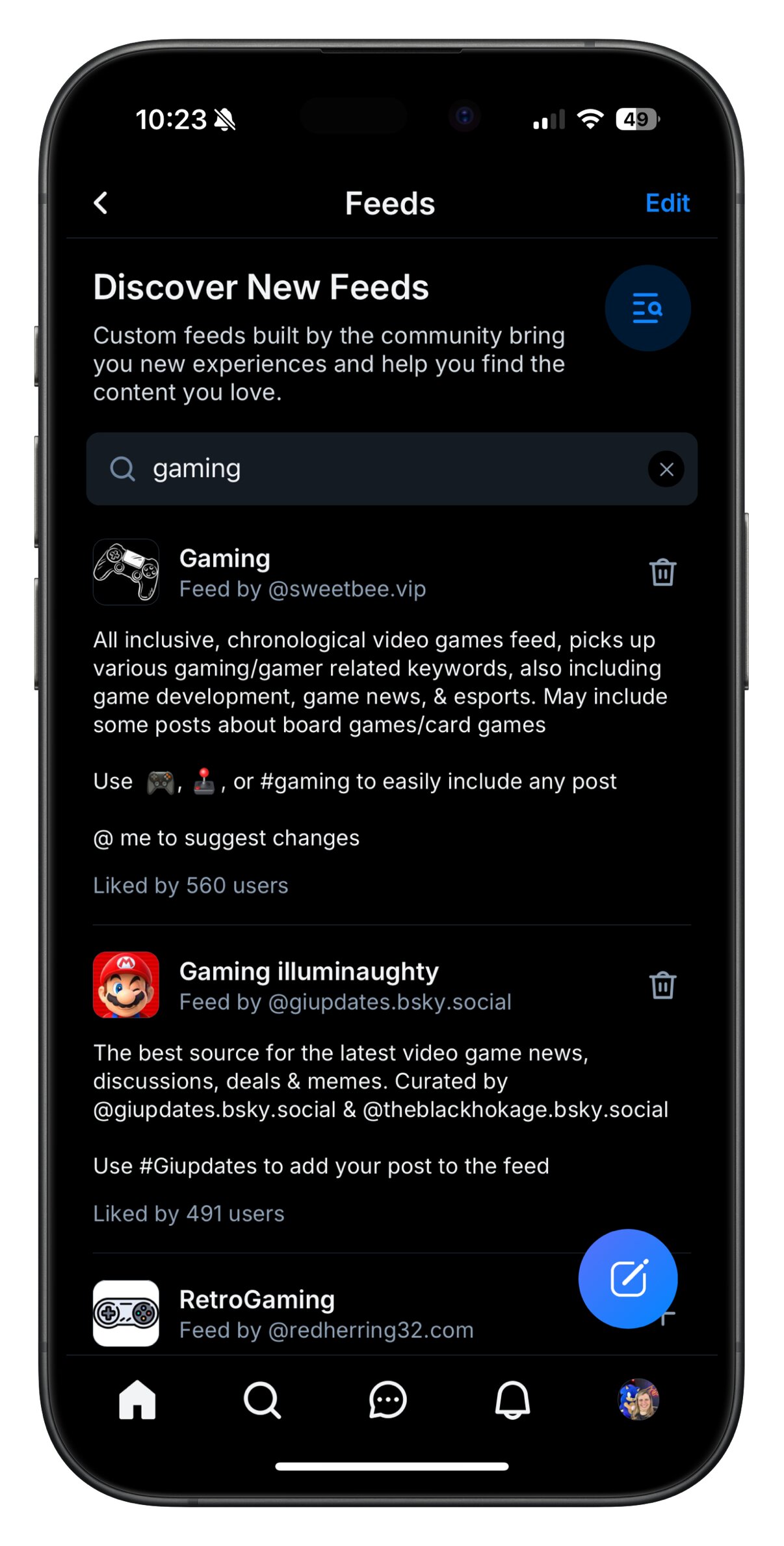 Discover New Feeds page showcasing feeds related to gaming on Bluesky app.