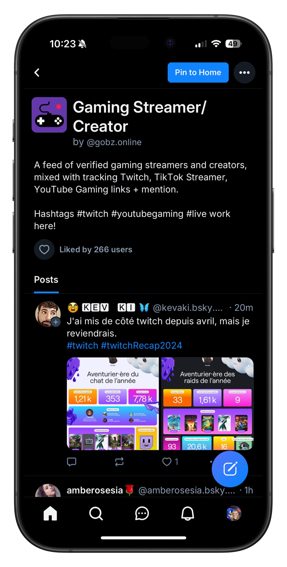 Gaming content creator feed on Bluesky app.