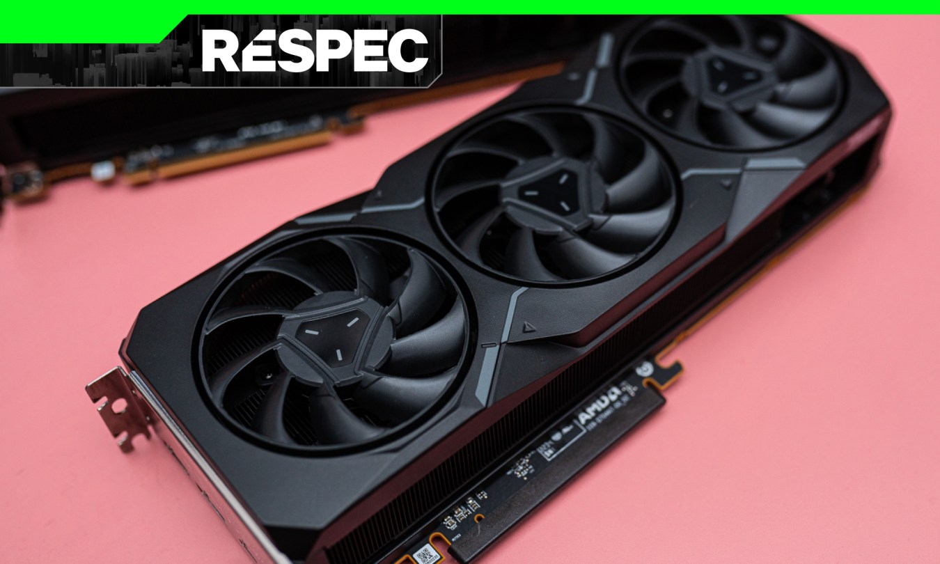 An AMD graphics card sitting on a pink background.