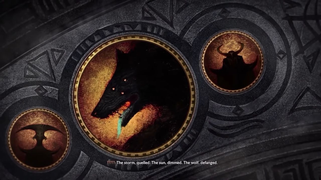 The secret ending for Dragon Age: The Veilguard showing the sihouettes of two gods and a wolf in circles.