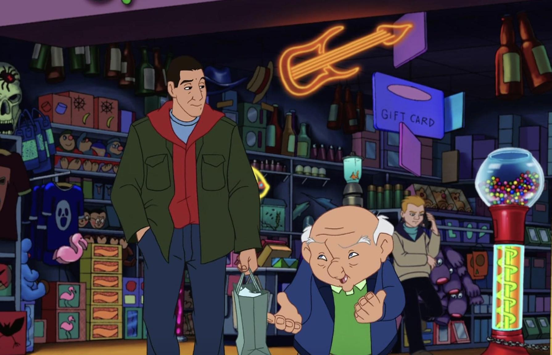 Um homem animado caminha ao lado de outro homem em Eight Crazy Nights.