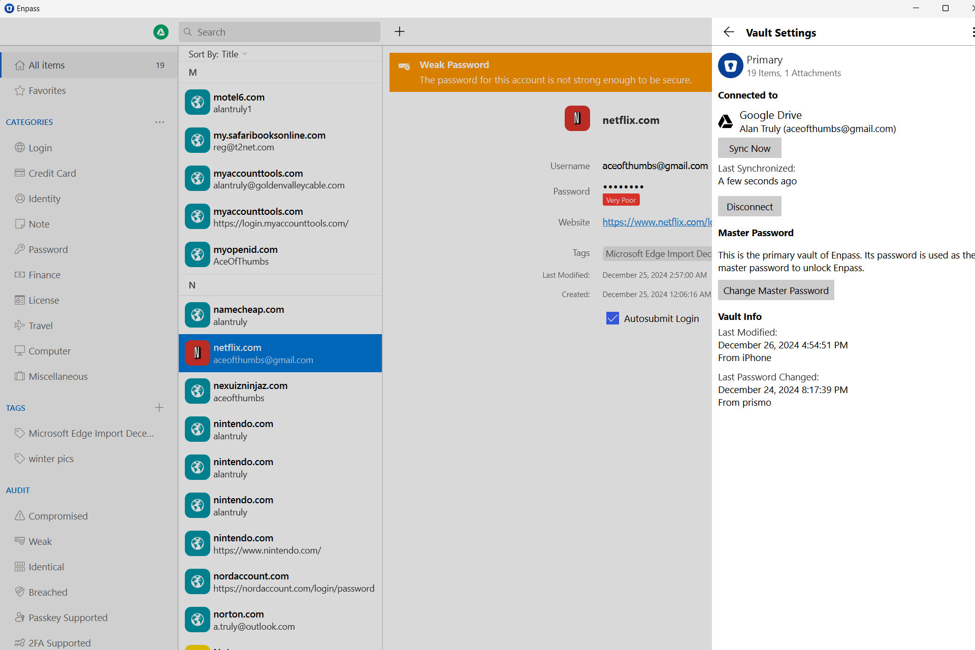 Enpass lets me store encrypted logins in Google Drive.