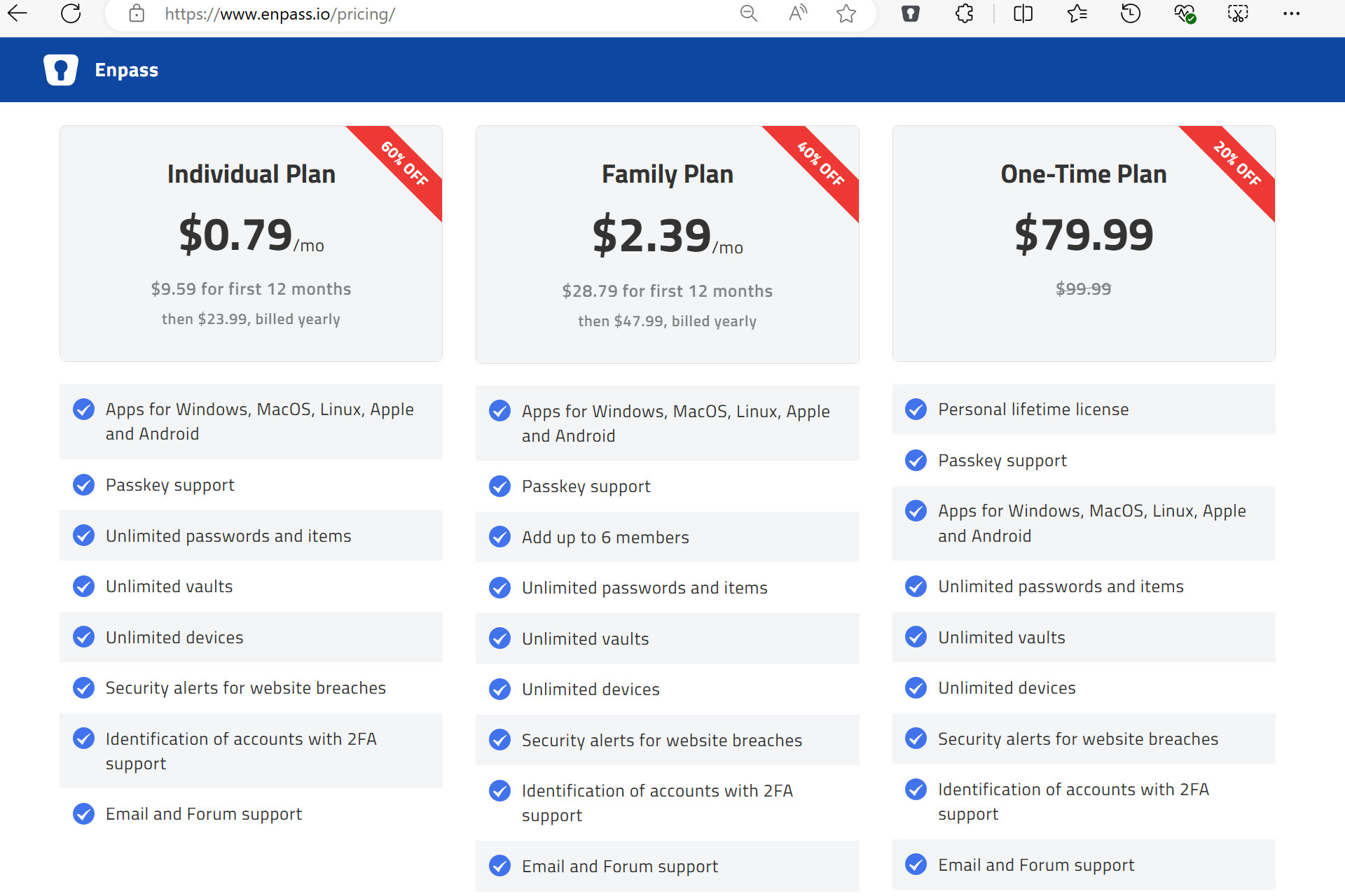 Enpass ofrece tres niveles de precios: personal, familiar y un plan de pago único.