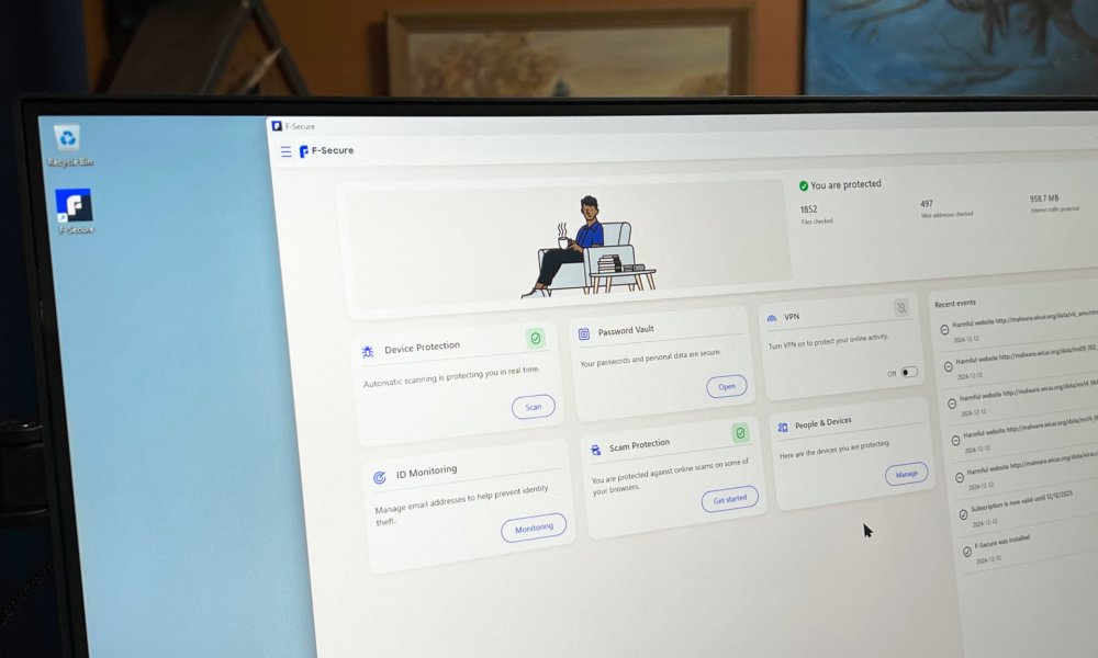 F-Secure Total antivirus app is open on a PC monitor.