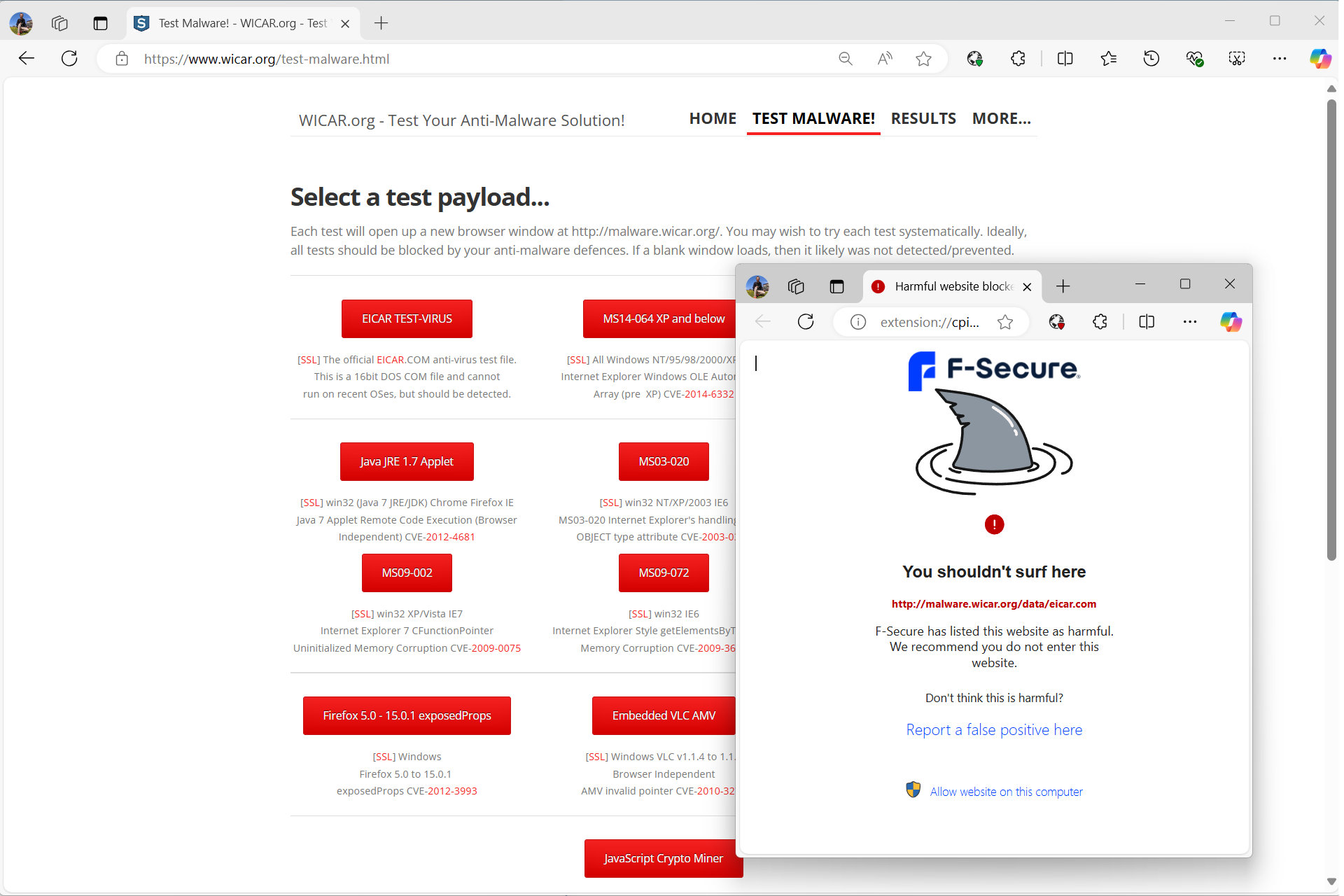 F-Secure Total bloqueó todo el malware de prueba en el sitio web de Wicar.