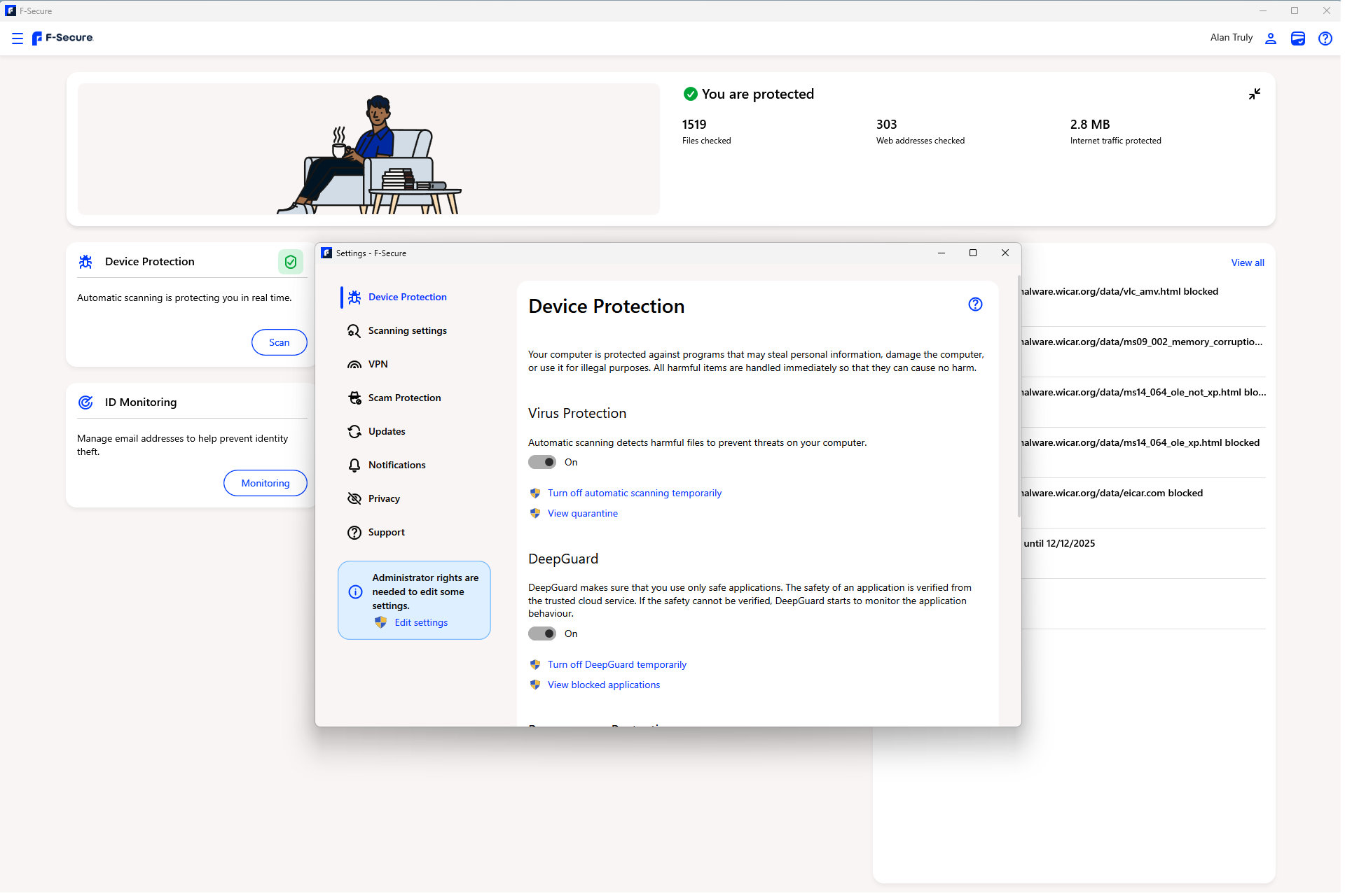 As configurações do F-Secure são facilmente acessíveis e oferecem muitas opções de ajuste fino.