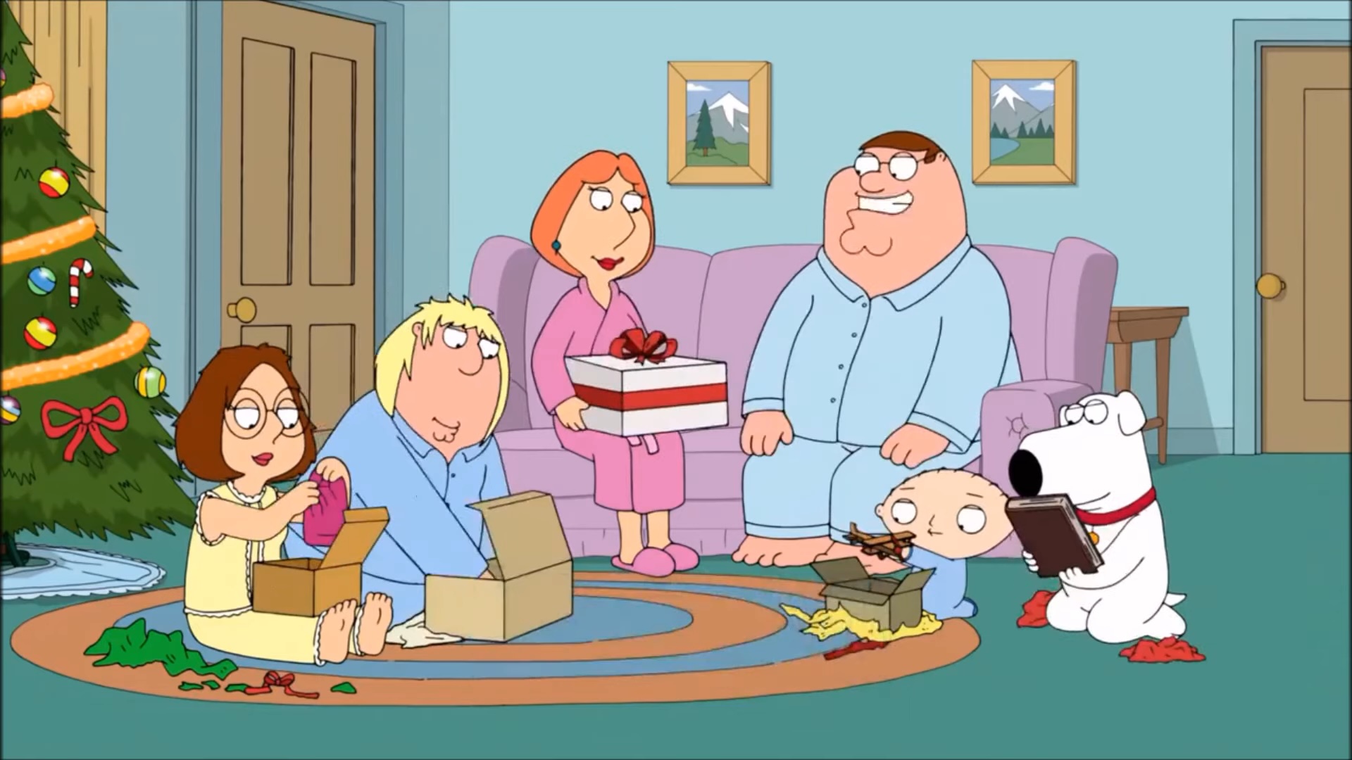 The Griffin family opening presents on Christmas in "Family Guy."